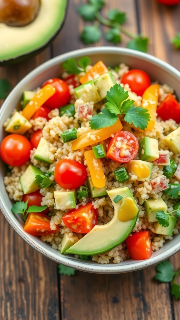 A colorful bowl of avocado quinoa salad with tomatoes, bell peppers, and cilantro on a wooden table.